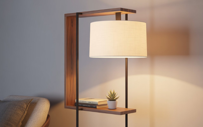  Wooden floor lamp with shelves
