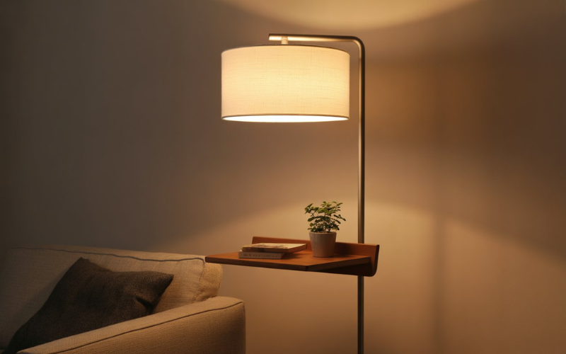 Metal floor lamp with shelves